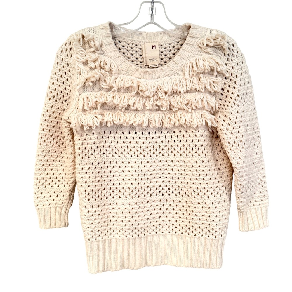 Far Away From Close Anthropologie Fringe Crochet Sweater Womens M Cream Boho Y2K